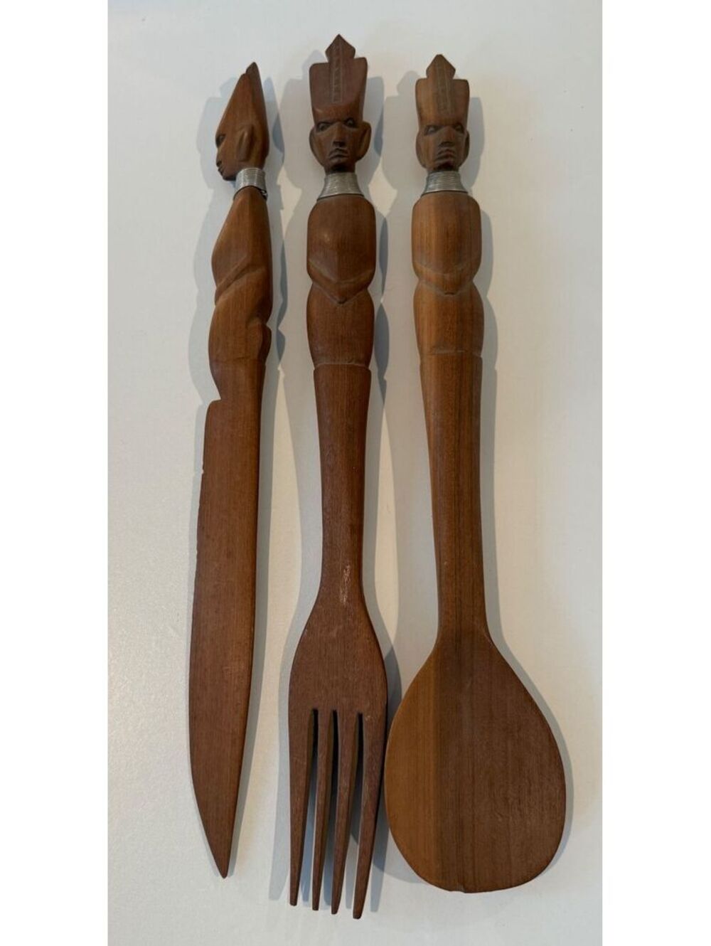 Vintage Kenyan Hand Carved Wood Serving Utensils Set of 3 African Art